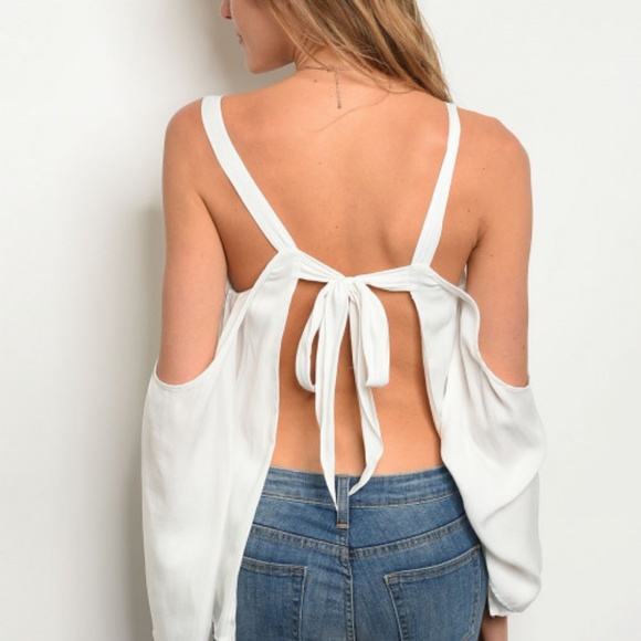 White Long Sleeve Open Back Cold Shoulder Top - Picture 2 of 4